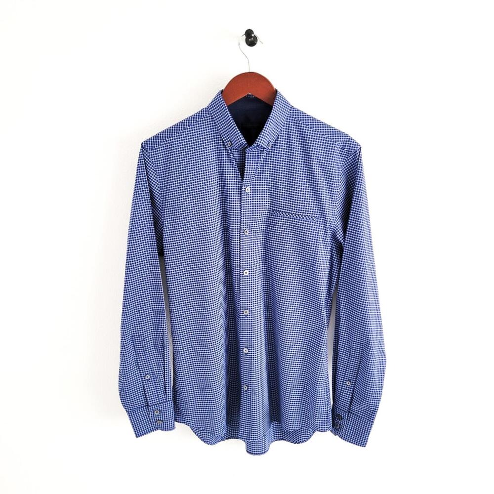 NEW Zachary Prell Micro Plaid Button Down Shirt Cotton Blue Mens S - Picture 3 of 9